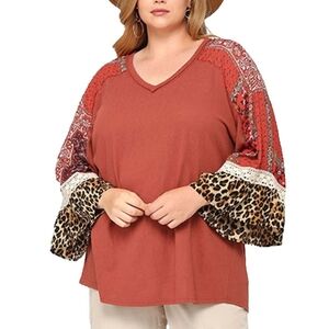 GIGIO Mixed Print Boho Bell Sleeve V-Neck Top - Medium